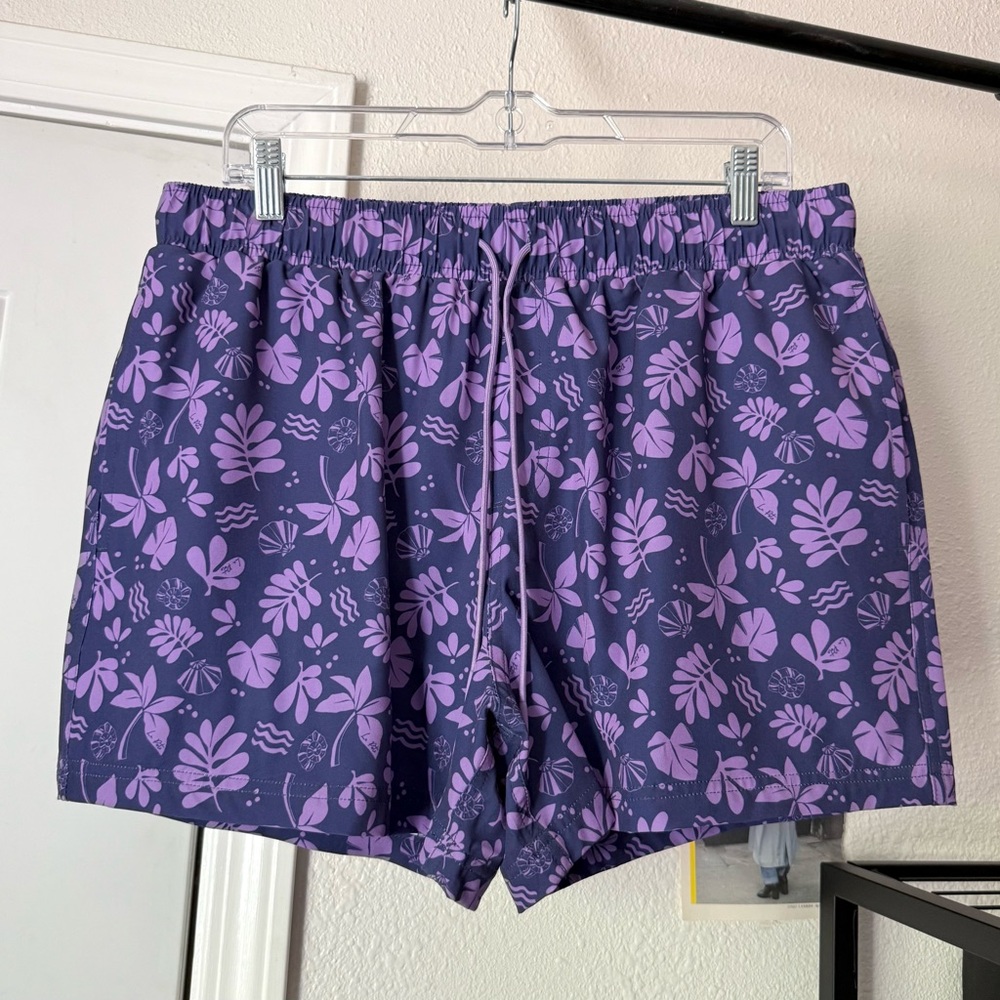 LA PORTE‎ navy purple floral Hawaiian beach elastic waist swim trunks shorts